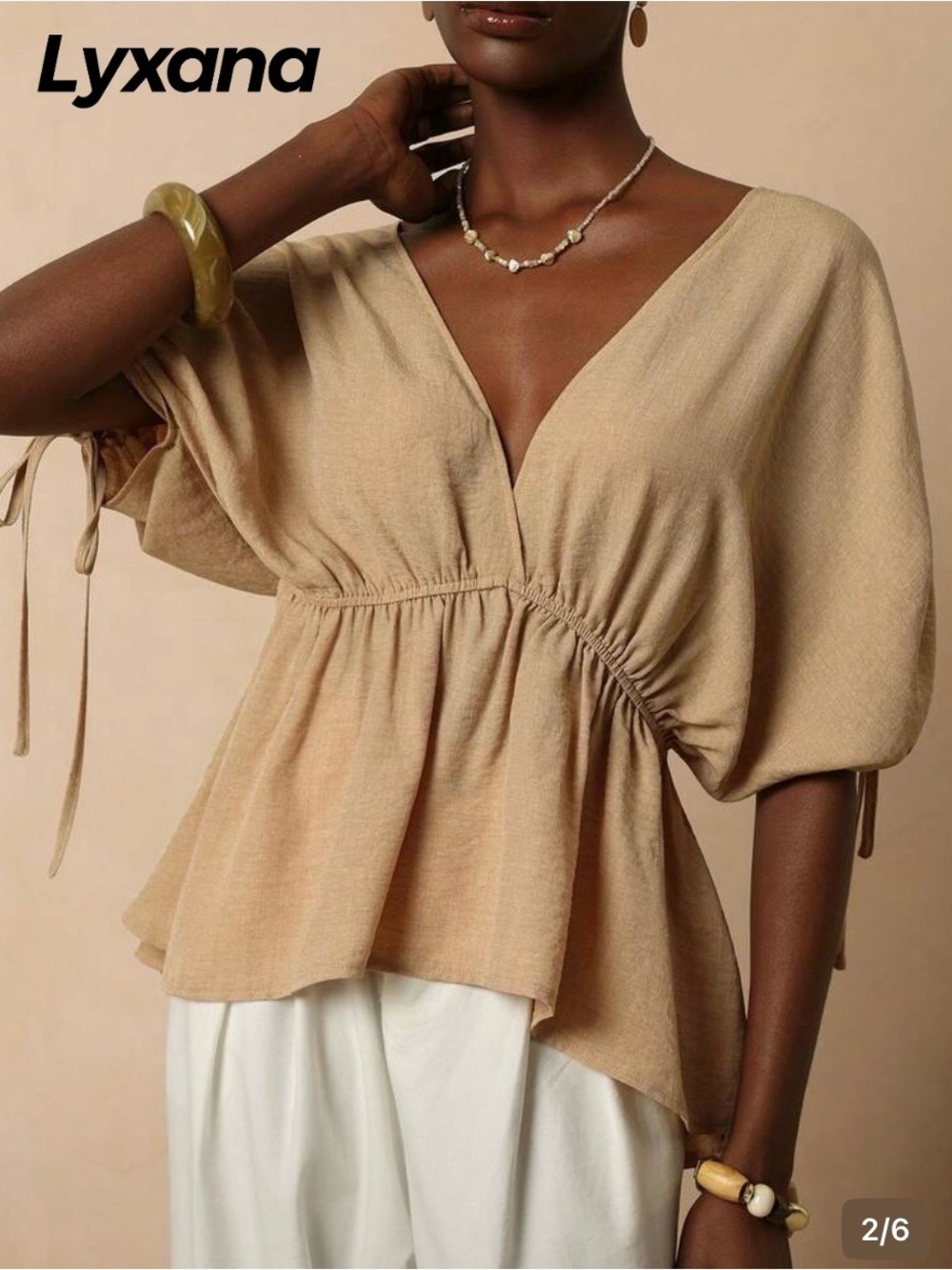 Beige V-Neck Peplum Blouse with Short Dolman Sleeves